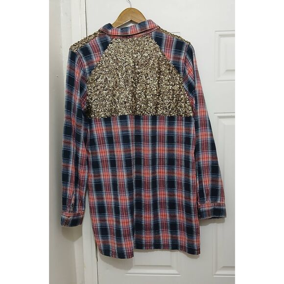 Free People womens medium long fit sequin mixed fabric plaid shirt blue pale red - Picture 4 of 6